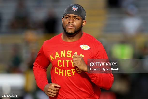 Juan Thornhill of the Kansas City Chiefs warms up before the preseason game against the Green Bay Packers at Lambeau Field on August 29, 2019 in...