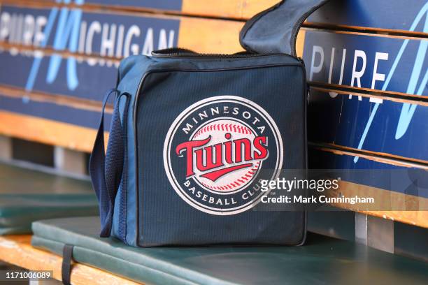 Detailed view of a Minnesota Twins equipment bag sitting in the dugout prior to the game against the Detroit Tigers at Comerica Park on September 24,...