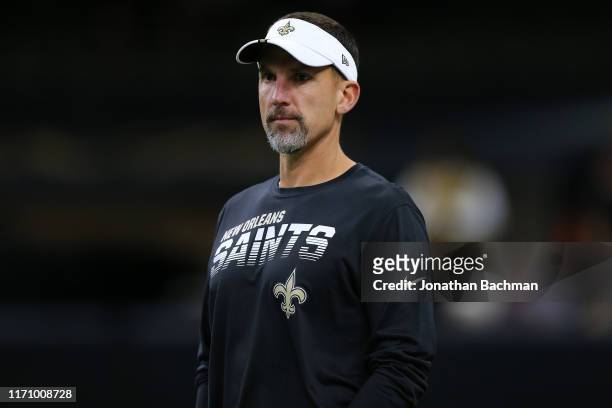 Defensive coordinator Dennis Allen of the New Orleans Saints reacts before an NFL preseason game against the Miami Dolphins at the Mercedes Benz...
