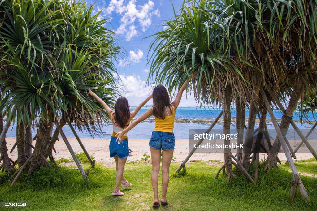 Young women arrived at summer beach