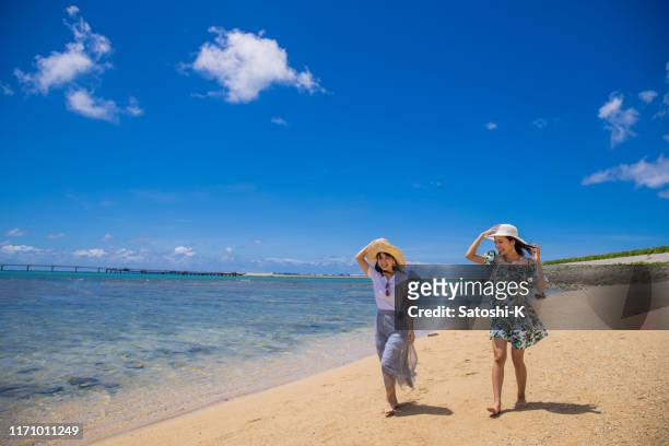 jonge vriendinnen wandelen op het strand in de zomer - japan beach stockfoto's en -beelden