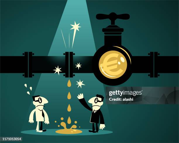 zwei geschäftsleute finden undichte pipeline mit euro-zeichenhahn (währung der europäischen union) - leaking stock-grafiken, -clipart, -cartoons und -symbole