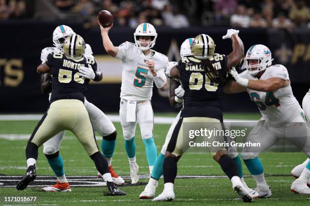 Jake Rudock of the Miami Dolphins throws a pass against the New Orleans Saints at Mercedes Benz Superdome on August 29, 2019 in New Orleans,...