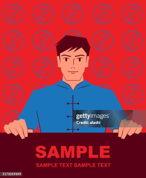 smiling handsome wushu man (tai chi, kung fu, chinese martial arts) holding blank sign - fu ying stock illustrations