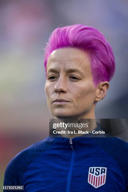 Megan Rapinoe of United States of the U.S. Women's 2019 FIFA World Cup Championship team stands with her eyes closed and her hands to her side during...