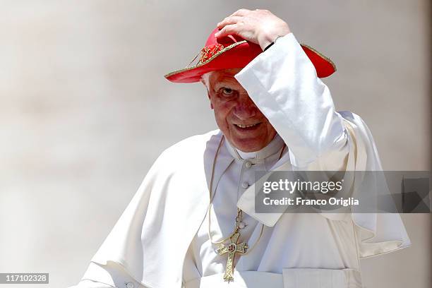 Pope Benedict XVI smiles to the faithful gathered in St. Peter's Square, at the end of his weekly audience on June 22, 2011 in Vatican City, Vatican....