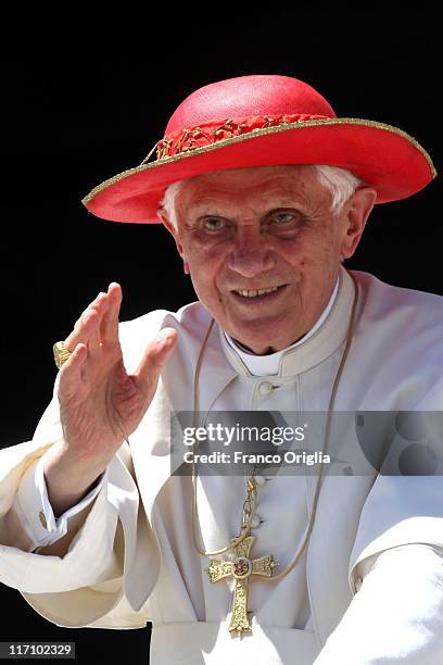 Pope Benedict XVI smiles to the faithful gathered in St. Peter's Square, at the end of his weekly audience on June 22, 2011 in Vatican City, Vatican....