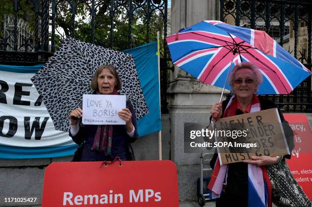 Pro Brexit protesters hold placards outside Parliament while UK MPs get back to work.