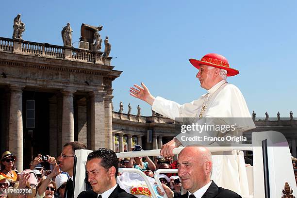 Pope Benedict XVI waves to the faithful gathered in St. Peter's Square, during his weekly audience on June 22, 2011 in Vatican City, Vatican. The...