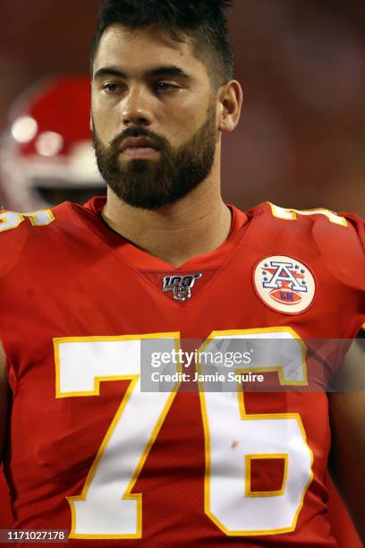 Guard Laurent Duvernay-Tardif of the Kansas City Chiefs watches from the sidelines during the preseason game against the San Francisco 49ers...