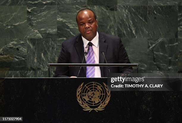 King Mswati III, Head of State, of eSwatini speaks during the 74th Session of the General Assembly at the United Nations headquarters in New York on...