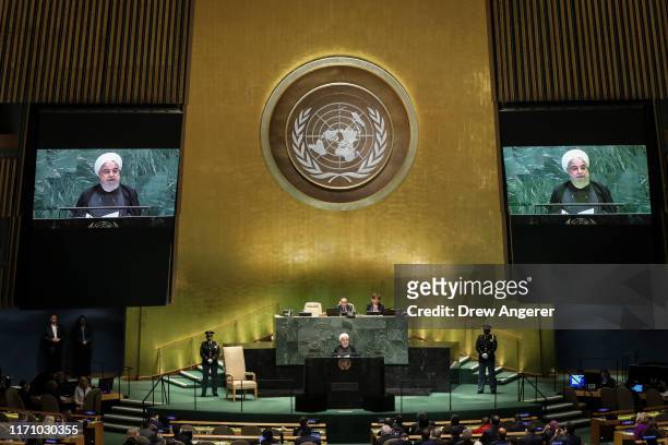 President of Iran Hassan Rouhani addresses the United Nations General Assembly at UN headquarters on September 25, 2019 in New York City. World...