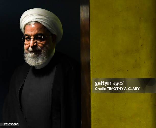 Iranian President Hassan Rouhani arrives to speak during the 74th Session of the General Assembly at the United Nations headquarters in New York on...