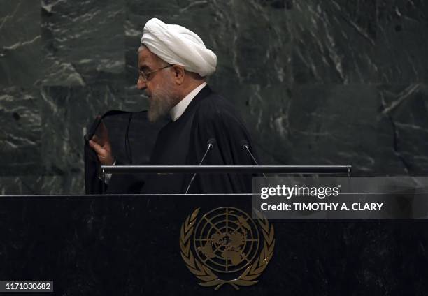 Iranian President Hassan Rouhani leaves after speaking during the 74th Session of the General Assembly at the United Nations headquarters in New York...