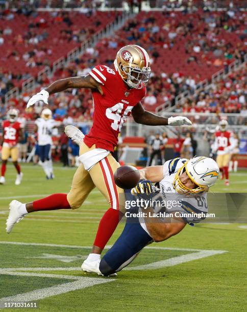 Sean Culkin of the Los Angeles Chargers is unable to catch a pass in the end zone during the first quarter of the preseason game against the San...