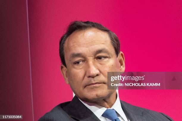 Oscar Munoz, CEO of United Airlines, speaks at the Atlantic Festival in Washington, DC, on September 25, 2019.