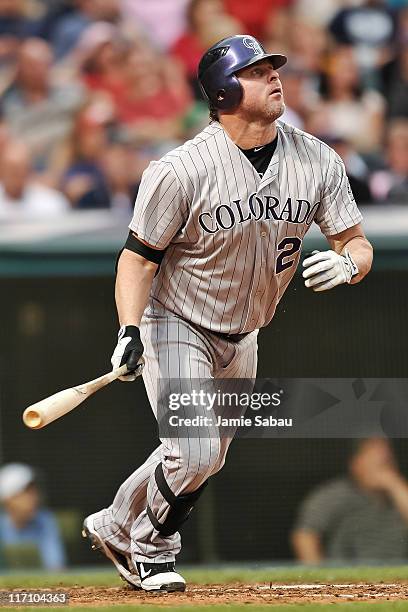 Jason Giambi of the Colorado Rockies bats against the Cleveland Indians at Progressive Field on June 20, 2011 in Cleveland, Ohio.