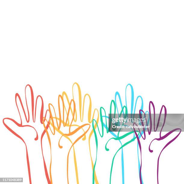 ilustraciones, imágenes clip art, dibujos animados e iconos de stock de manos humanas colores de la bandera del arco iris - esperanza