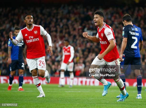 Gabriel Martinelli of Arsenal celebrates his goal during Carabao Cup Third Round between Arsenal and Nottingham Forest at Emirates stadium , London,...