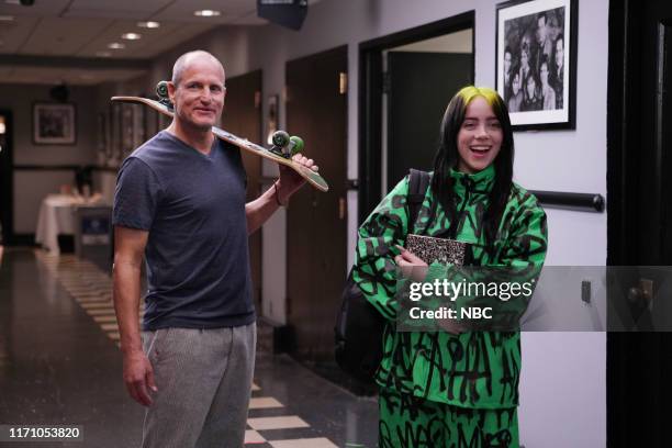 Woody Harrelson" Episode 1768 -- Pictured: Host Woody Harrelson and musical guest Billie Eilish during promos in Studio 8H on September 24, 2019 --