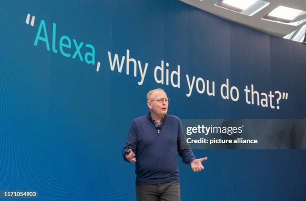 September 2019, US: Amazon's device chief Dave Limp demonstrates a new feature where users can ask language assistant Alexa why she did something...