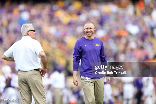 Passing game coordinator and wide receivers coach Joe Brady on field before game vs Northwestern State at Tiger Stadium. Baton Rouge, LA 9/14/2019...
