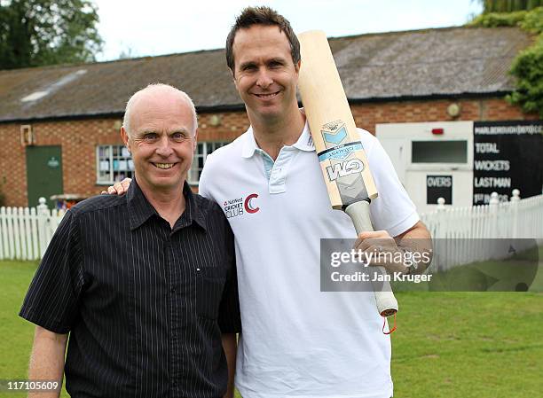 Michael Vaughan, Club Captain of Natwest Cricket Club poses with John Greenwood, Chairman of S&M Cricket Club during the NatWest Cricket Club Media...