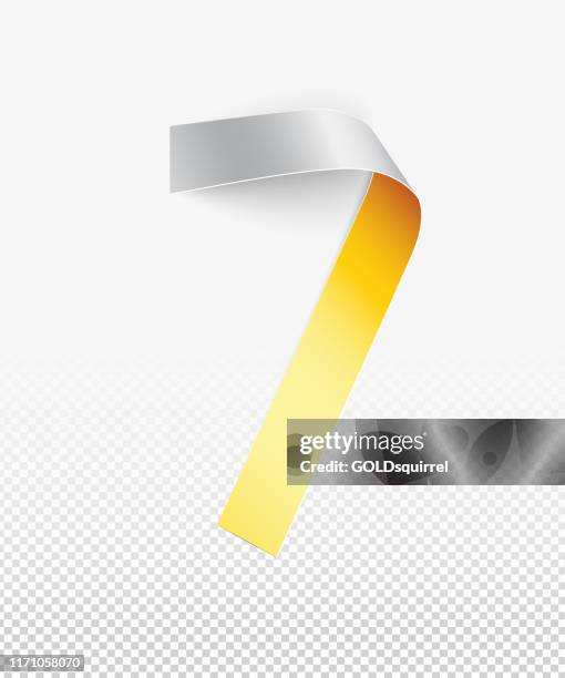 simple strip of paper twisted into the shape of the number 7 - vector illustration in 3d with realistic soft light and shadows on white background in shades of gold and silver - shade stock illustrations