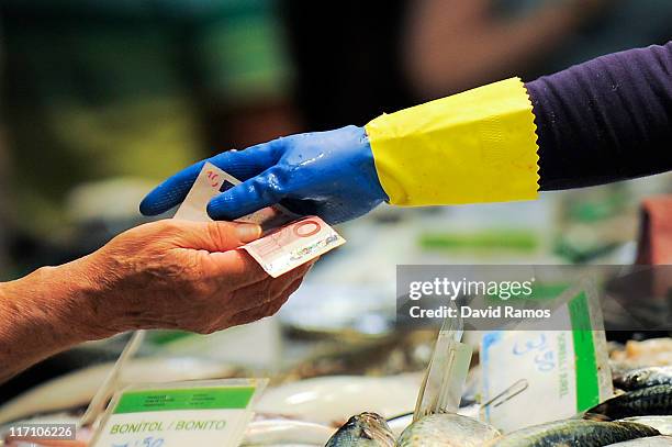 Customer pays for fish with Euro banknotes at a fish stand at the 'La Boqueria' fresh market on June 22, 2011 in Barcelona, Spain. Eurozone finance...