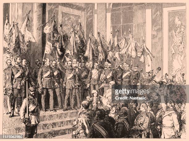 the proclamation of the german empire in the hall of mirrors of the palace of versailles on 18 january 1871 - german culture stock illustrations