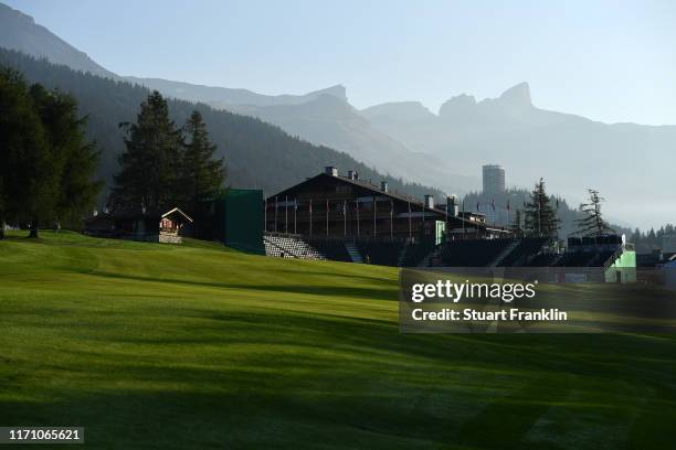 General view of the 18th green during Day Two of the Omega European Masters at Crans-sur-Sierre Golf Club on August 30, 2019 in Crans-Montana,...