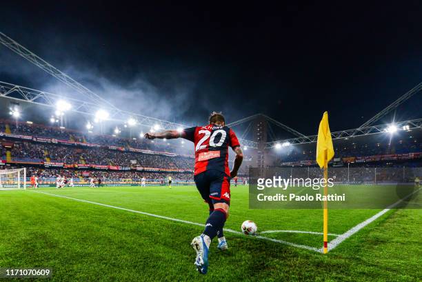 Corner kick by Lasse Schone of Genoa during the Serie A match between Genoa CFC and Bologna FC at Stadio Luigi Ferraris on September 25, 2019 in...
