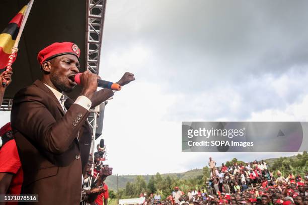 Bobi Wine, aka Robert Kyagulanyi, speaks during a rally in Hoima. Wine aka Robert Kyagulanyi, campaigned in Hoima ahead of a by-election. It was the...