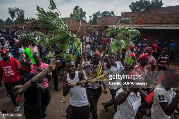 Supporters of Bobi Wine and the "people power" opposition movement seen during the campaigns in Hoima. Wine aka Robert Kyagulanyi, campaigned in...
