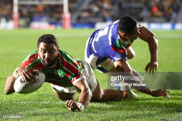 Alex Johnston of the Rabbitohs scores a try during the round 24 NRL match between the New Zealand Warriors and the South Sydney Rabbitohs at Mt Smart...