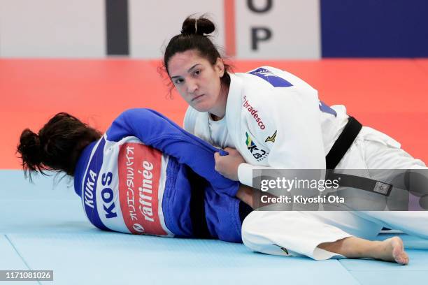 Mayra Aguiar of Brazil reacts as she beats Loriana Kuka of Kosovo in the Women's -78kg quarterfinal match on day six of the World Judo Championships...