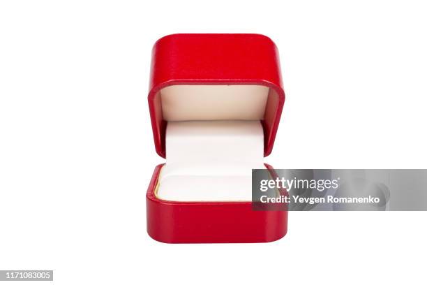 red jewelry box on white background - schmuckschatulle stock-fotos und bilder