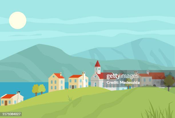village lake mountain - lake house stock illustrations