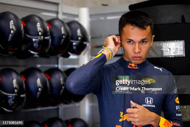 Alexander Albon of Thailand and Red Bull Racing prepares to drive in the garage during practice for the F1 Grand Prix of Belgium at Circuit de...