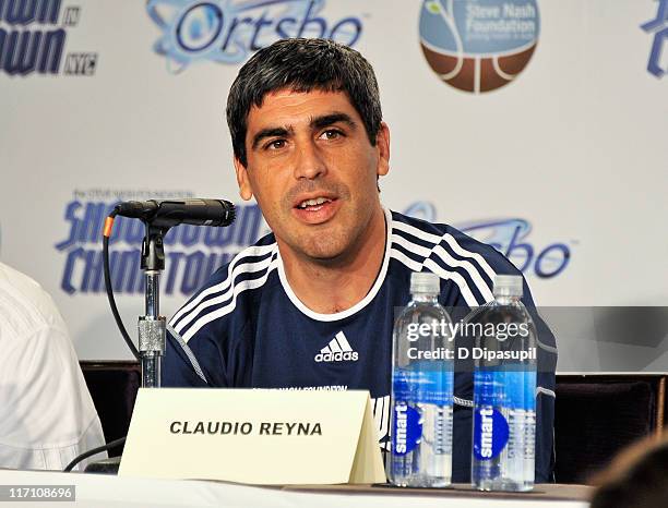 Claudio Reyna attends the press conference for the 2011 Showdown in Chinatown soccer match at the Hudson Room at Trump Soho Hotel on June 22, 2011 in...