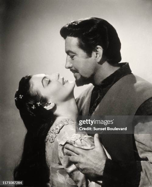 American actors Ava Gardner and Robert Taylor on the set of Knights of the Round Table, directed by Richard Thorpe.