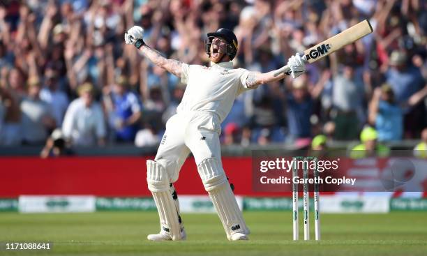 Ben Stokes of England celebrates hitting the winning runs to win the 3rd Specsavers Ashes Test match between England and Australia at Headingley on...