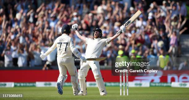 Ben Stokes of England celebrates with Jack Leach after hitting the winning runs to win the 3rd Specsavers Ashes Test match between England and...