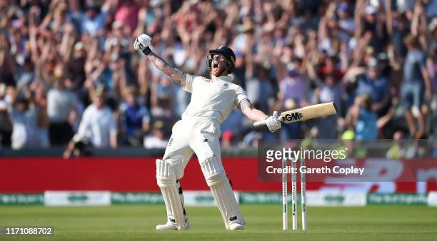 Ben Stokes of England celebrates hitting the winning runs to win the 3rd Specsavers Ashes Test match between England and Australia at Headingley on...