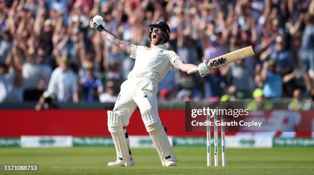 Ben Stokes of England celebrates hitting the winning runs to win the 3rd Specsavers Ashes Test match between England and Australia at Headingley on...