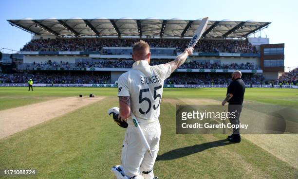 Ben Stokes of England celebrates after hitting the winning runs to win the 3rd Specsavers Ashes Test match between England and Australia at...
