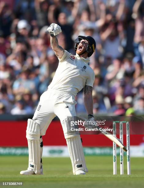 Ben Stokes of England celebrates after hitting the winning runs to win the 3rd Specsavers Ashes Test match between England and Australia at...
