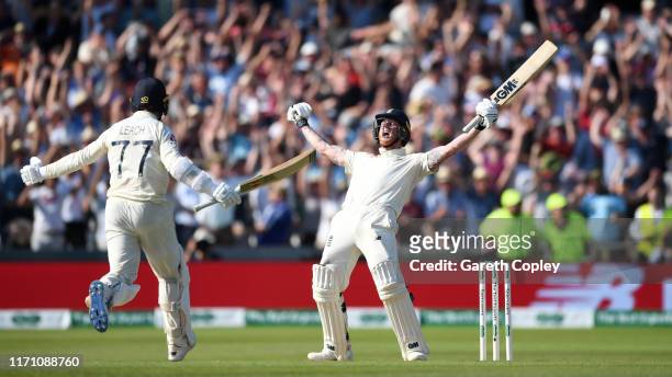 Ben Stokes of England celebrates with Jack Leach after hitting the winning runs to win the 3rd Specsavers Ashes Test match between England and...