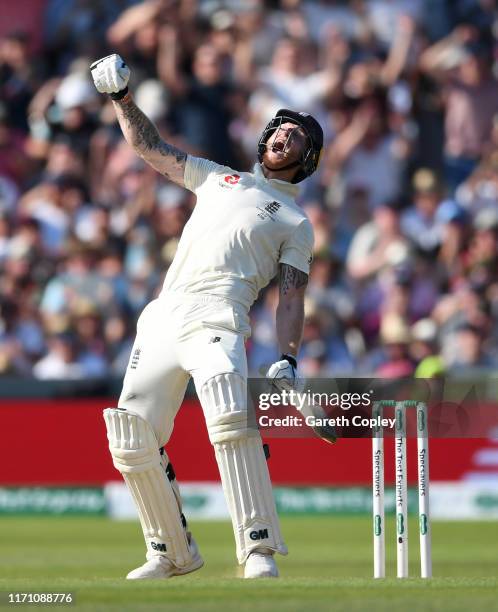 Ben Stokes of England celebrates hitting the winning runs to win the 3rd Specsavers Ashes Test match between England and Australia at Headingley on...