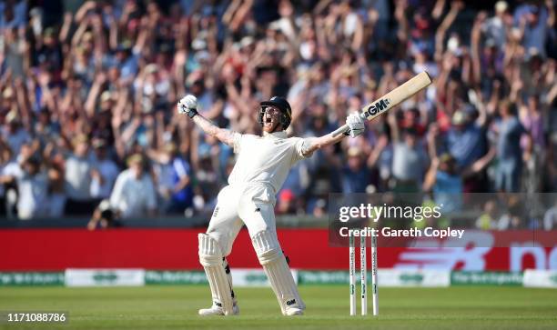 Ben Stokes of England celebrates hitting the winning runs to win the 3rd Specsavers Ashes Test match between England and Australia at Headingley on...